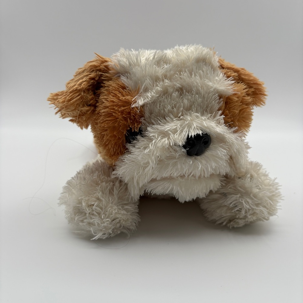 FAO SCHWARZ Brown and White Puppy Dog Plush Laying Down 10”